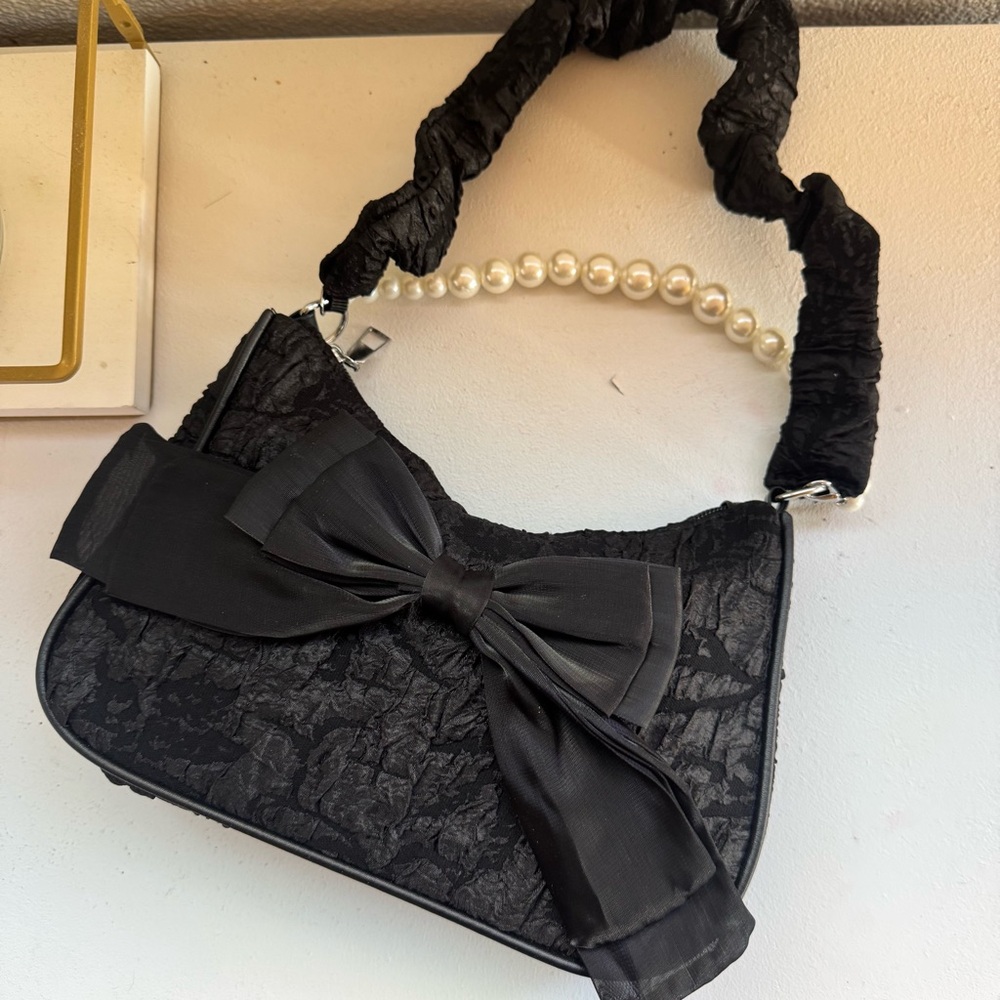 Black lace crossbody bag with pearl top handle & ribbon bow | Coquette Style NWT